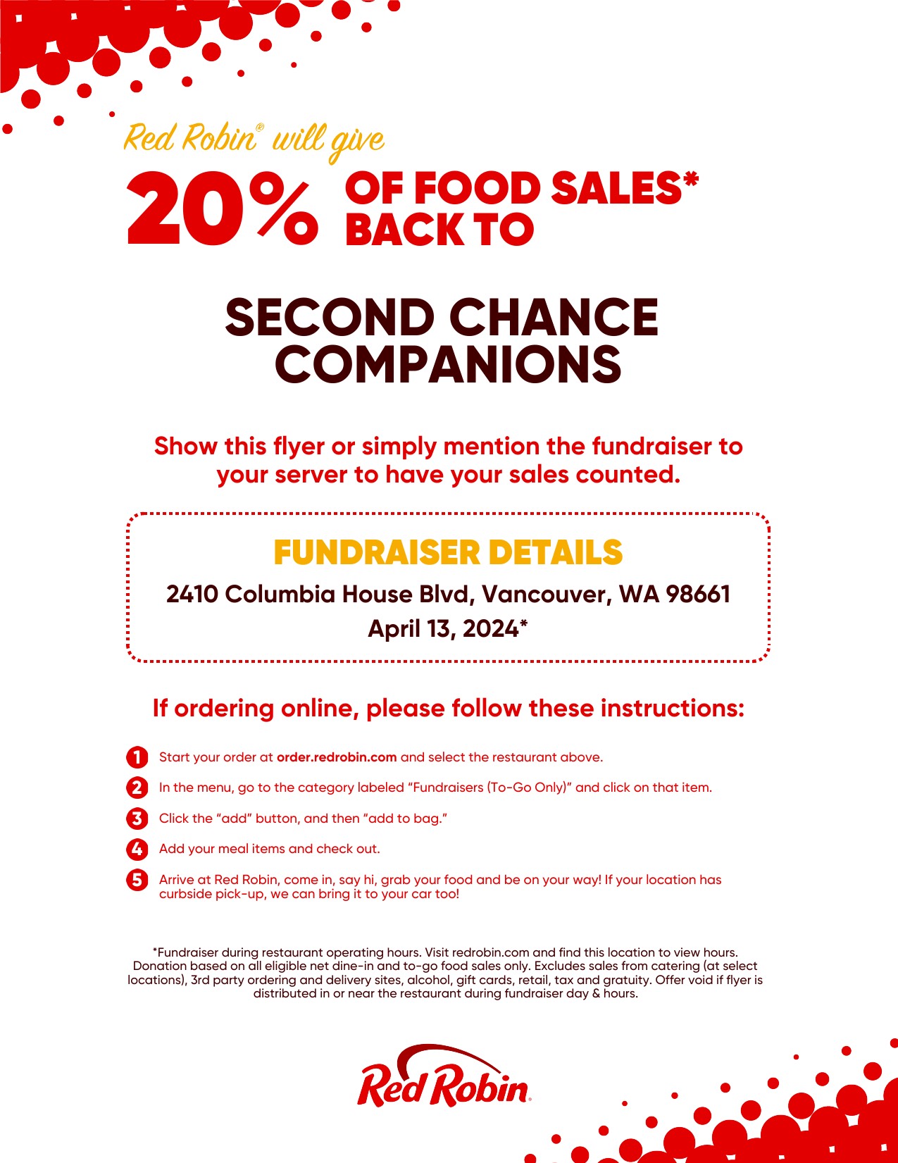 Red Robin will give 20% of food sales back to SCC if you show this flyer or mention the fundraiser to your server. Valid on April 13, 2024 at the Red Robin at 2410 Columbia House Blvd. in Vancouver.